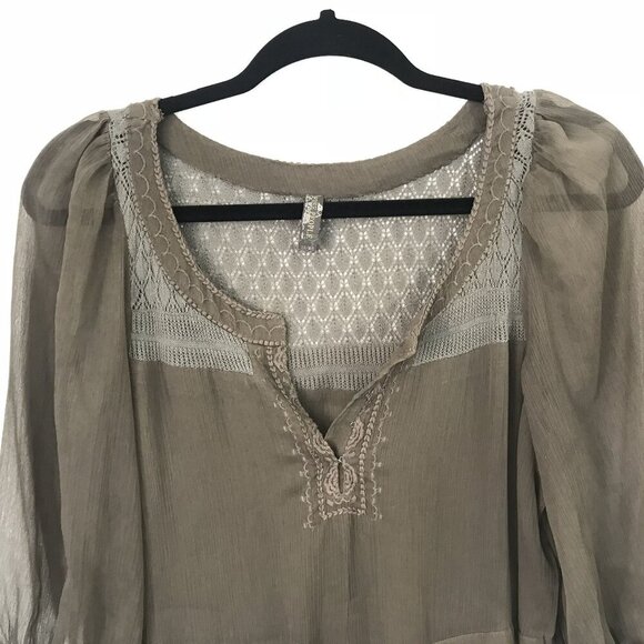 Free People XS Sheer Brown Peasant Boho Mini Shift Dress Embroidered Crochet - Picture 4 of 13